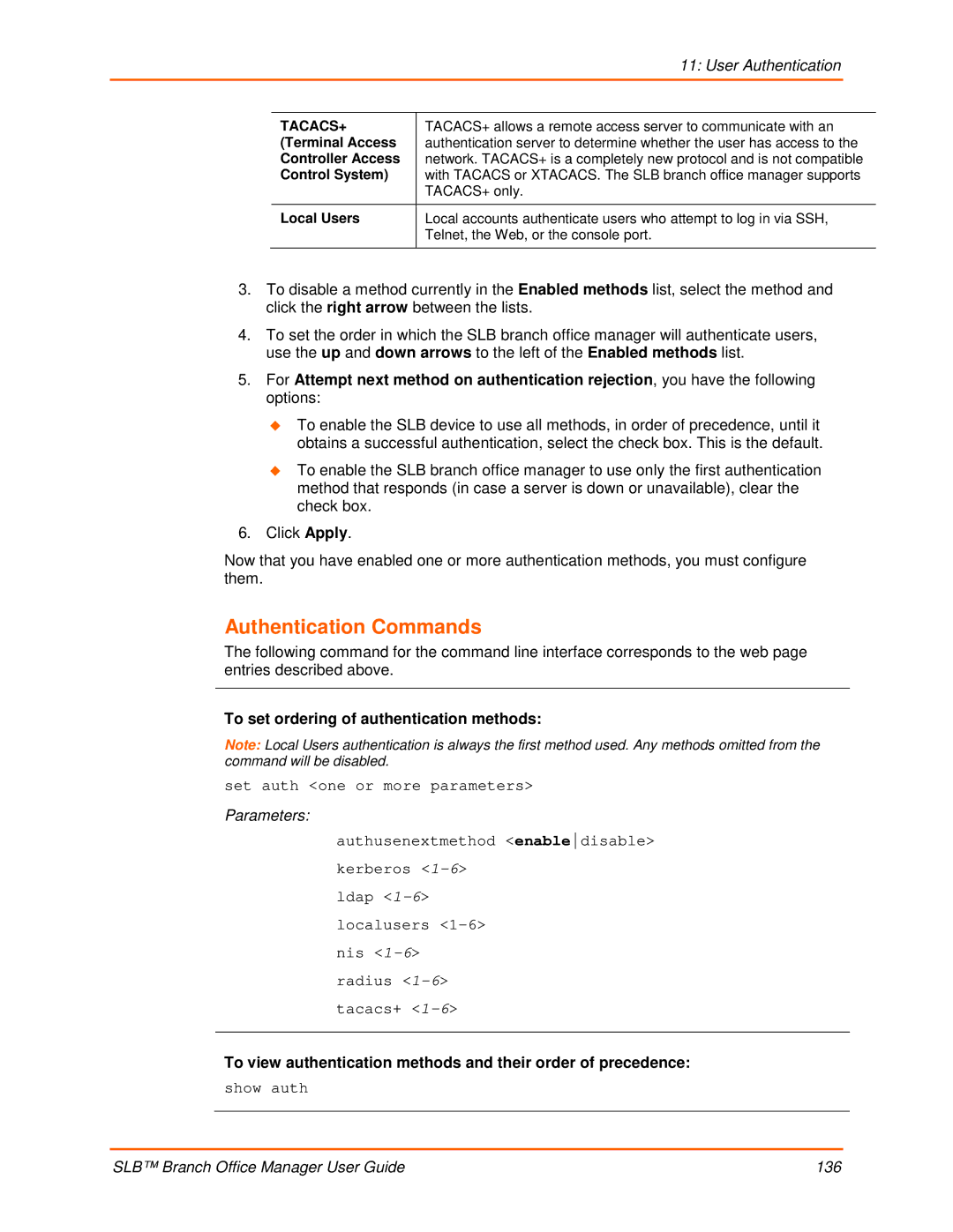 Lantronix 900-510 manual Authentication Commands, To set ordering of authentication methods 