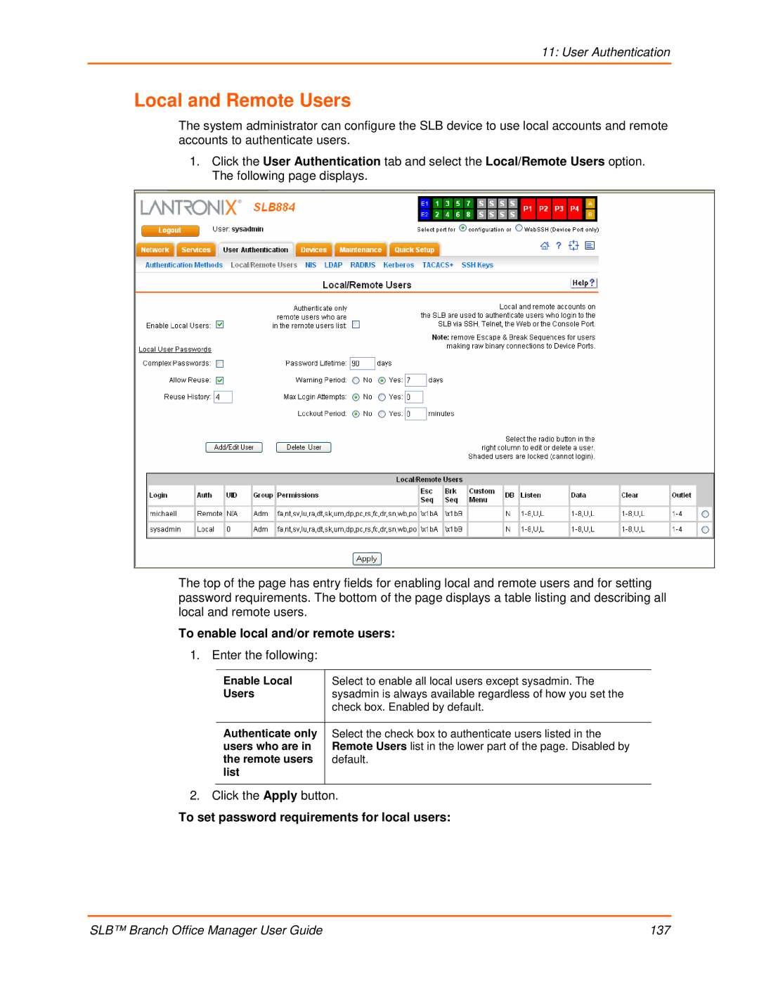 Lantronix 900-510 manual Local and Remote Users, To enable local and/or remote users 