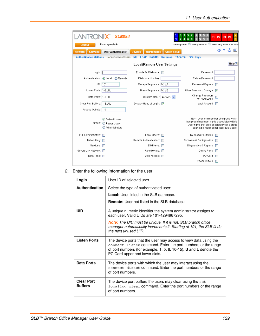 Lantronix 900-510 manual Enter the following information for the user, Listen Ports, Data Ports, Clear Port, Buffers 