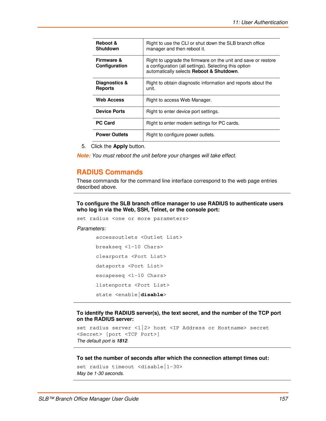 Lantronix 900-510 manual Radius Commands, Reboot 