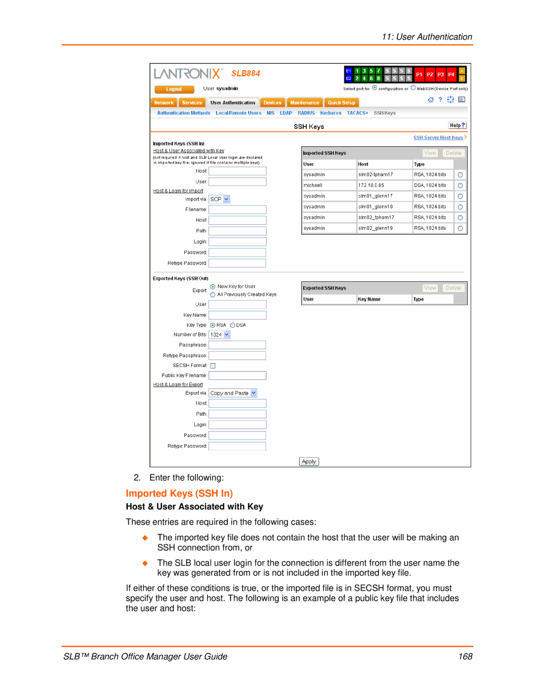 Lantronix 900-510 manual Imported Keys SSH, Host & User Associated with Key 