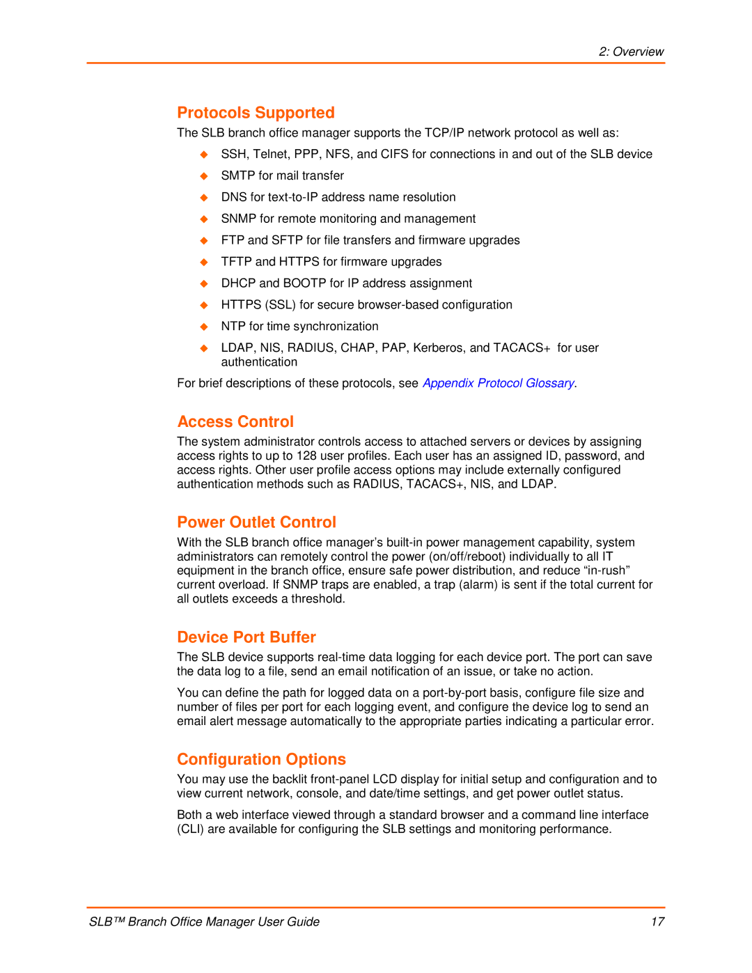 Lantronix 900-510 Protocols Supported, Access Control, Power Outlet Control, Device Port Buffer, Configuration Options 