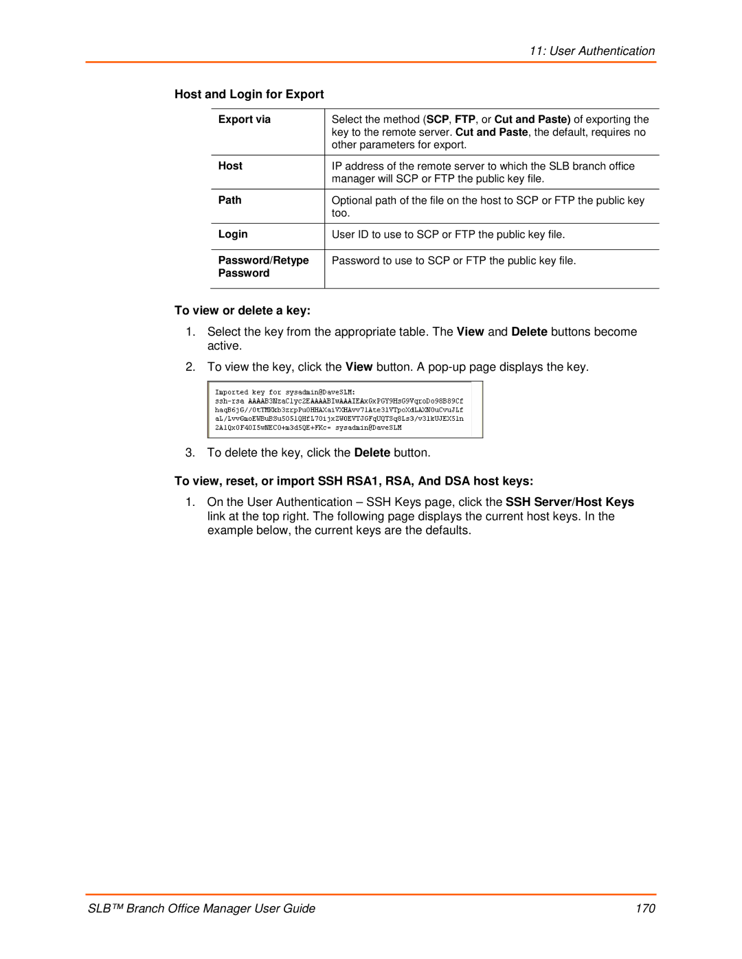 Lantronix 900-510 manual Host and Login for Export, To view or delete a key, Export via 