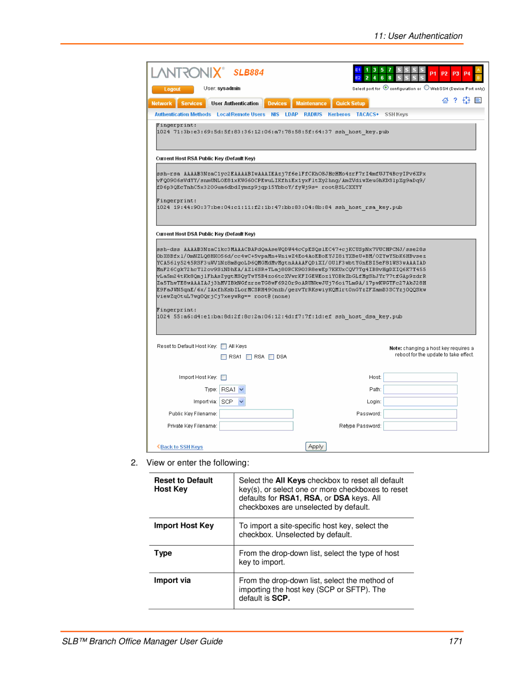 Lantronix 900-510 manual View or enter the following, Reset to Default, Import Host Key, Type 