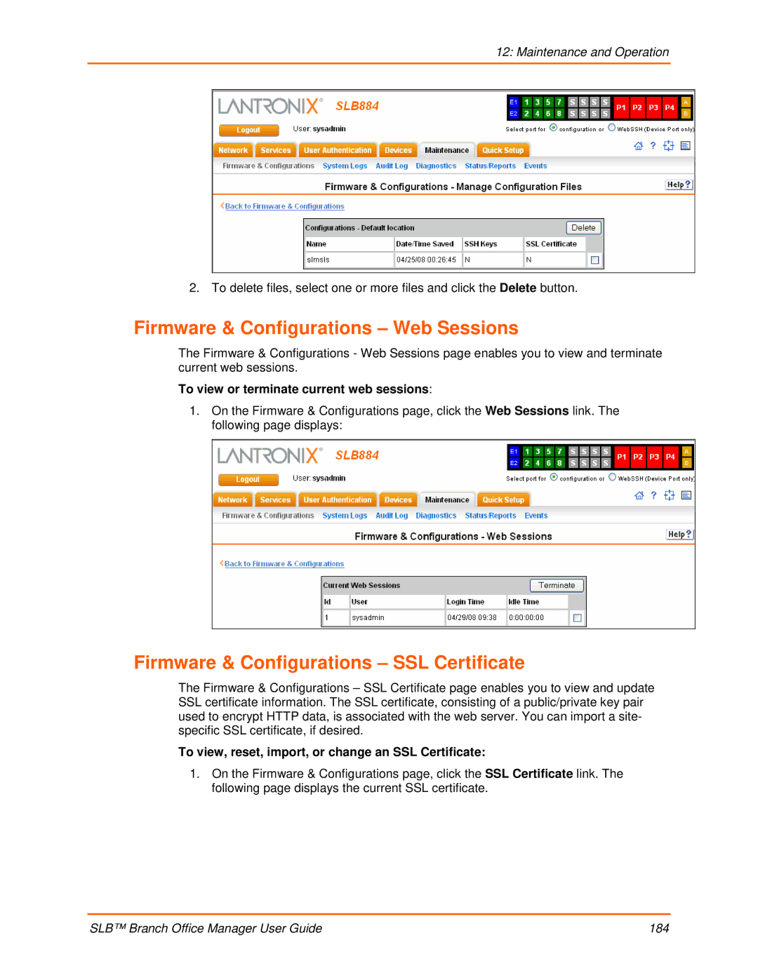 Lantronix 900-510 manual Firmware & Configurations Web Sessions, Firmware & Configurations SSL Certificate 