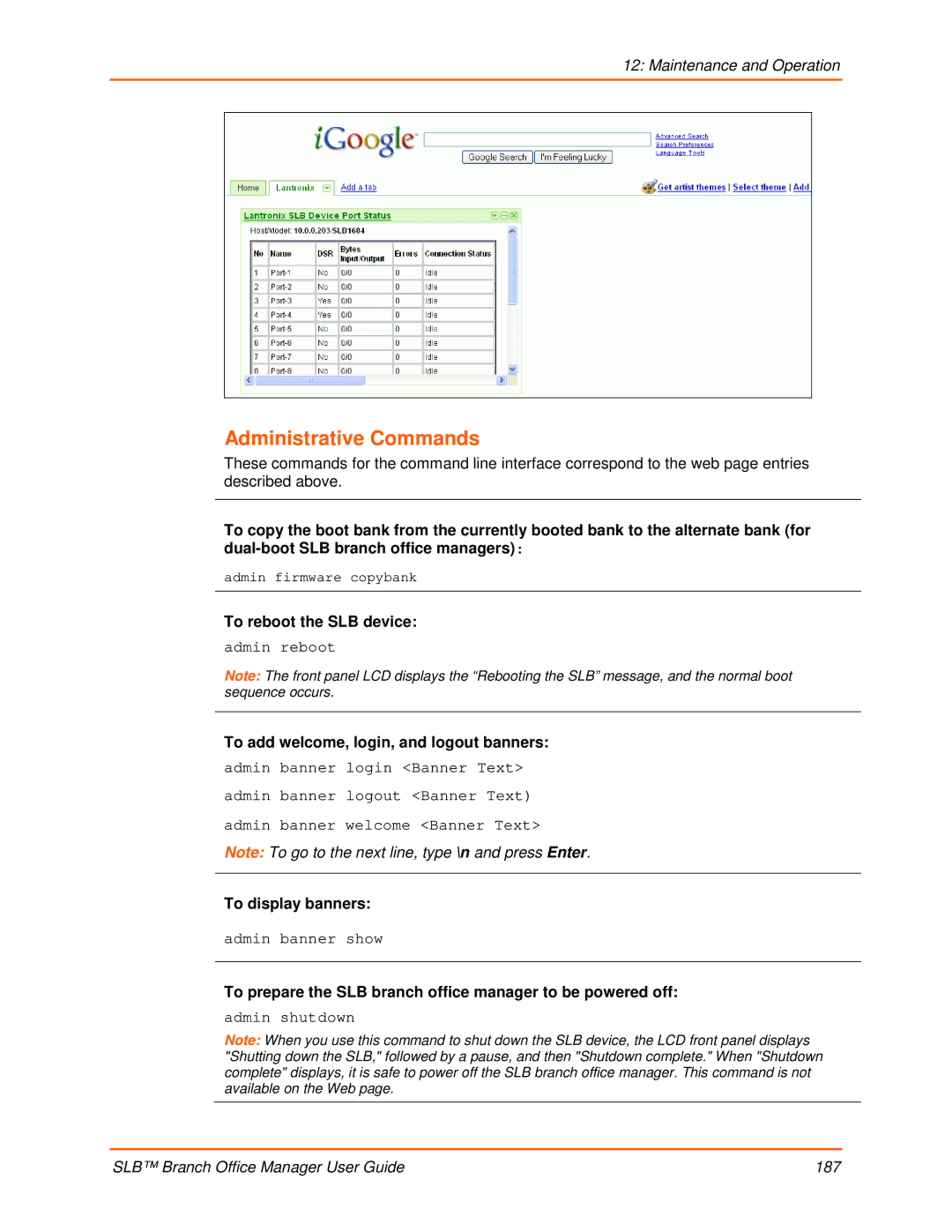 Lantronix 900-510 manual Administrative Commands, To reboot the SLB device, To add welcome, login, and logout banners 