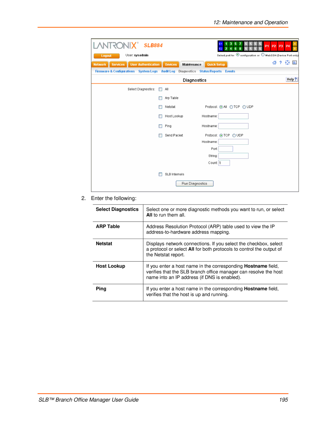 Lantronix 900-510 manual Select Diagnostics, ARP Table, Netstat, Host Lookup, Ping 