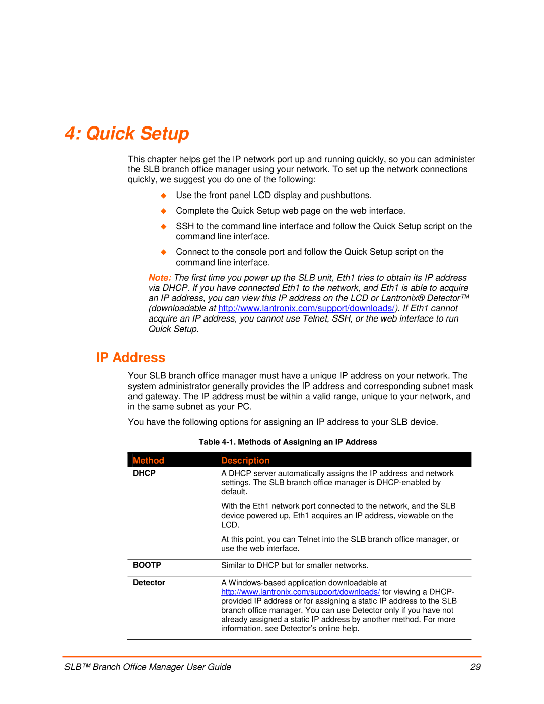 Lantronix 900-510 manual Quick Setup, Methods of Assigning an IP Address, Detector 