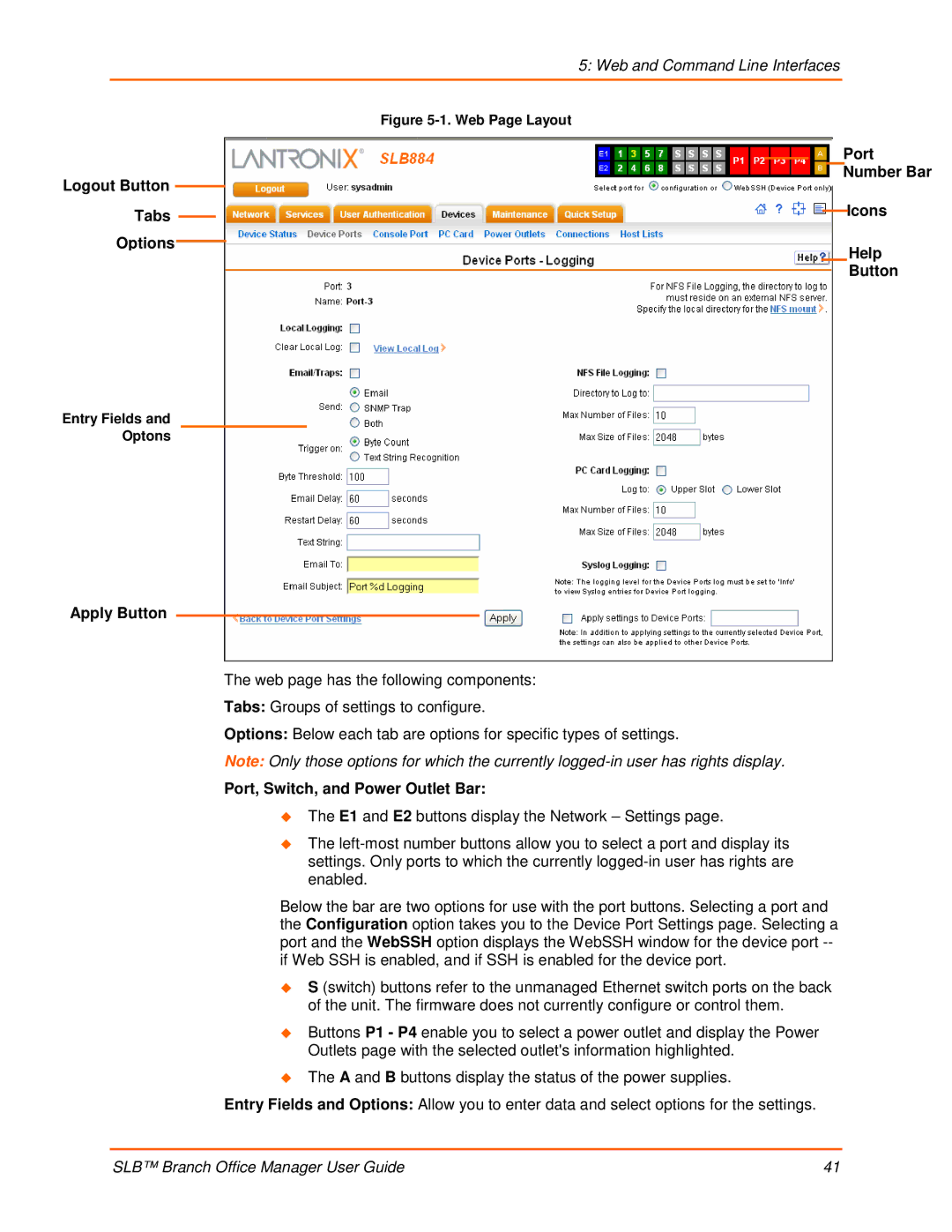 Lantronix 900-510 manual Logout Button Tabs Options, Apply Button, Port Number Bar Icons Help Button, Entry Fields Optons 