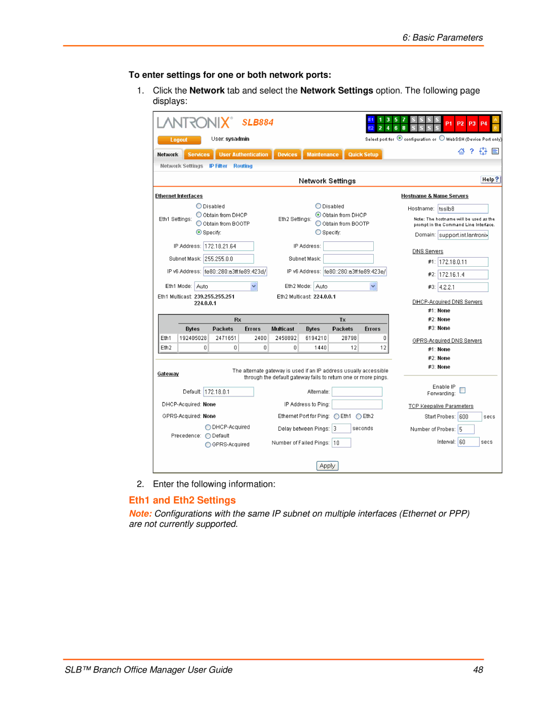 Lantronix 900-510 manual Eth1 and Eth2 Settings, To enter settings for one or both network ports 