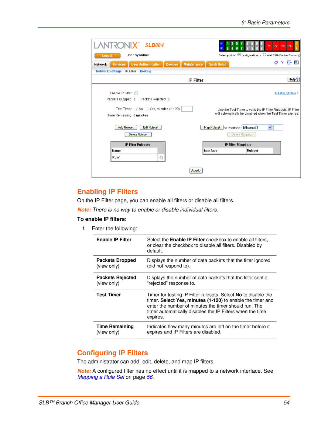 Lantronix 900-510 manual Enabling IP Filters, Configuring IP Filters, To enable IP filters 