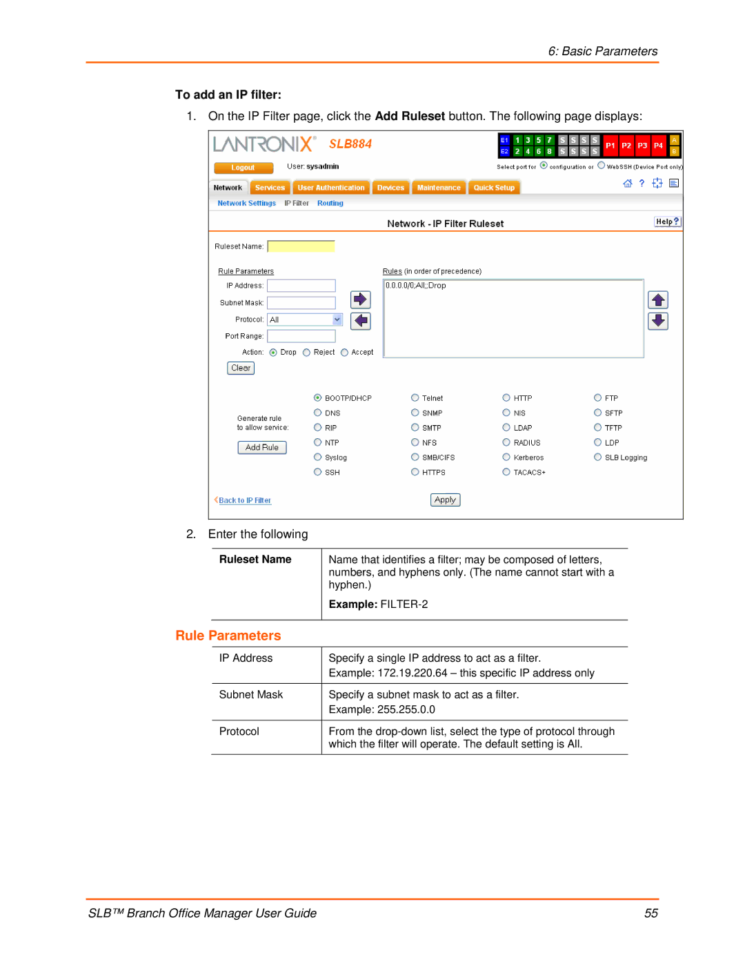 Lantronix 900-510 manual Rule Parameters, To add an IP filter, Ruleset Name, Example FILTER-2 