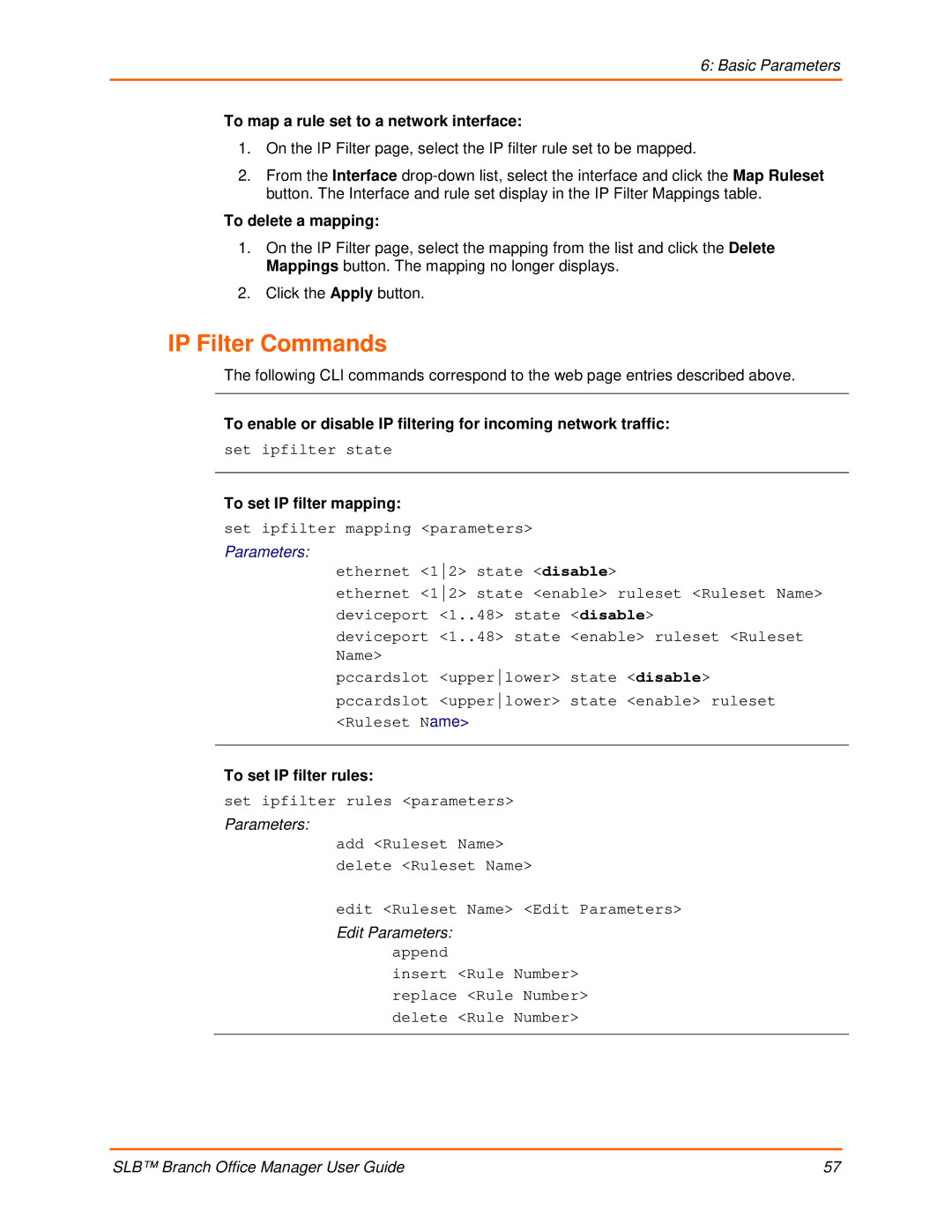 Lantronix 900-510 manual IP Filter Commands, To map a rule set to a network interface, To delete a mapping 