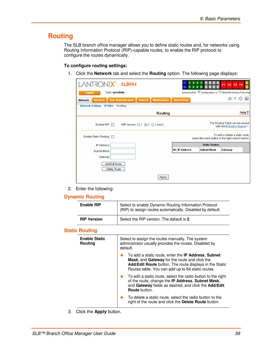 Lantronix 900-510 manual Dynamic Routing, Static Routing, To configure routing settings 