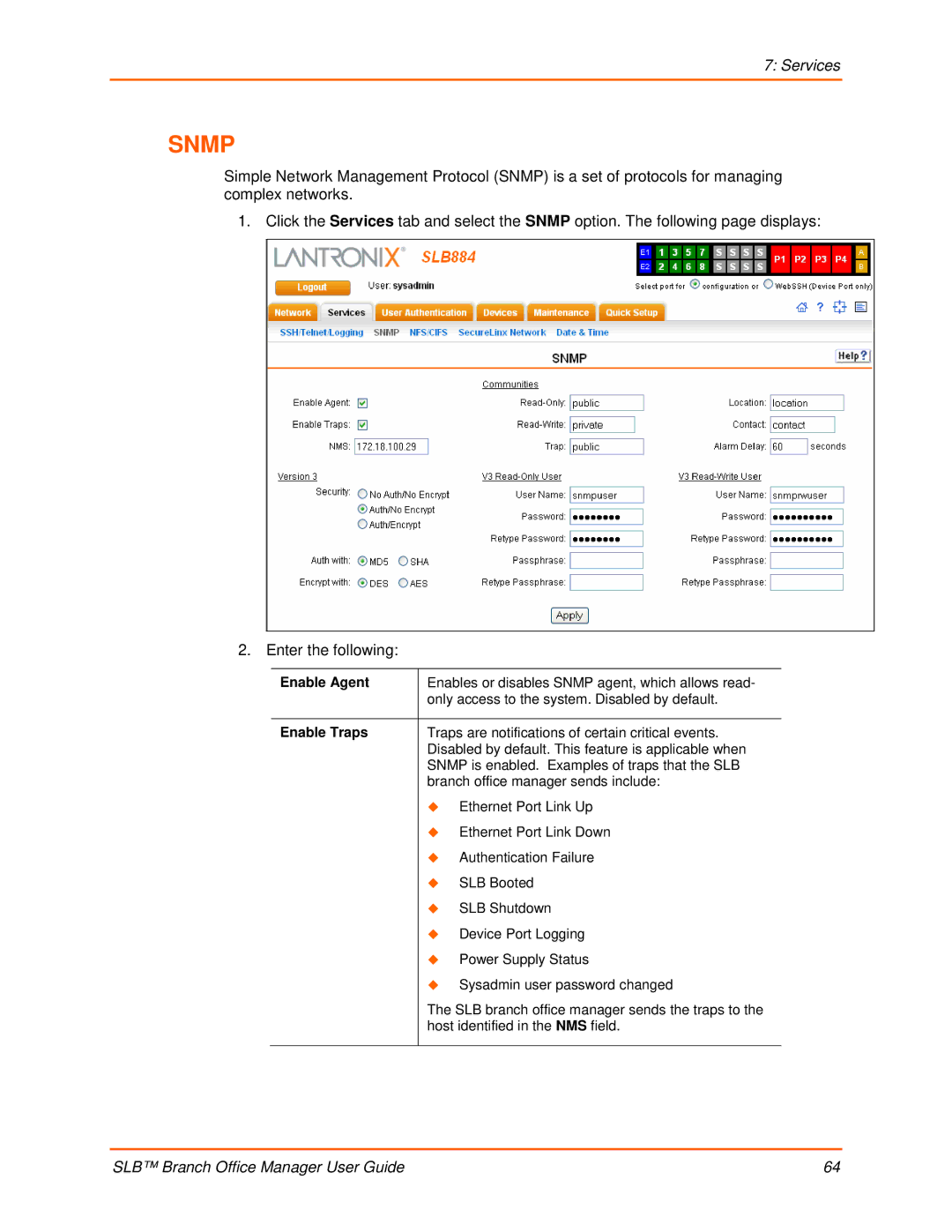 Lantronix 900-510 manual Enable Agent, Enable Traps 