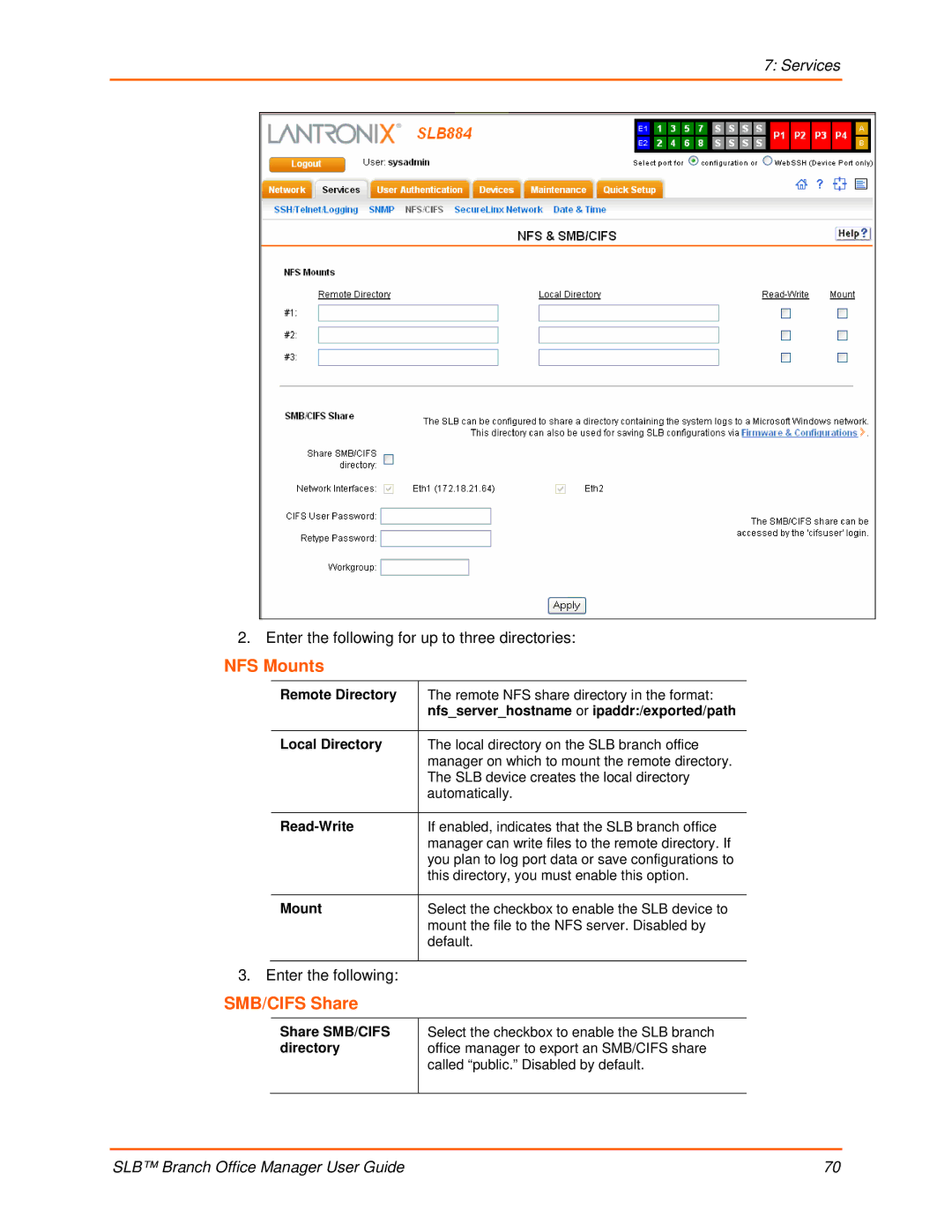 Lantronix 900-510 manual NFS Mounts, SMB/CIFS Share, Enter the following for up to three directories 