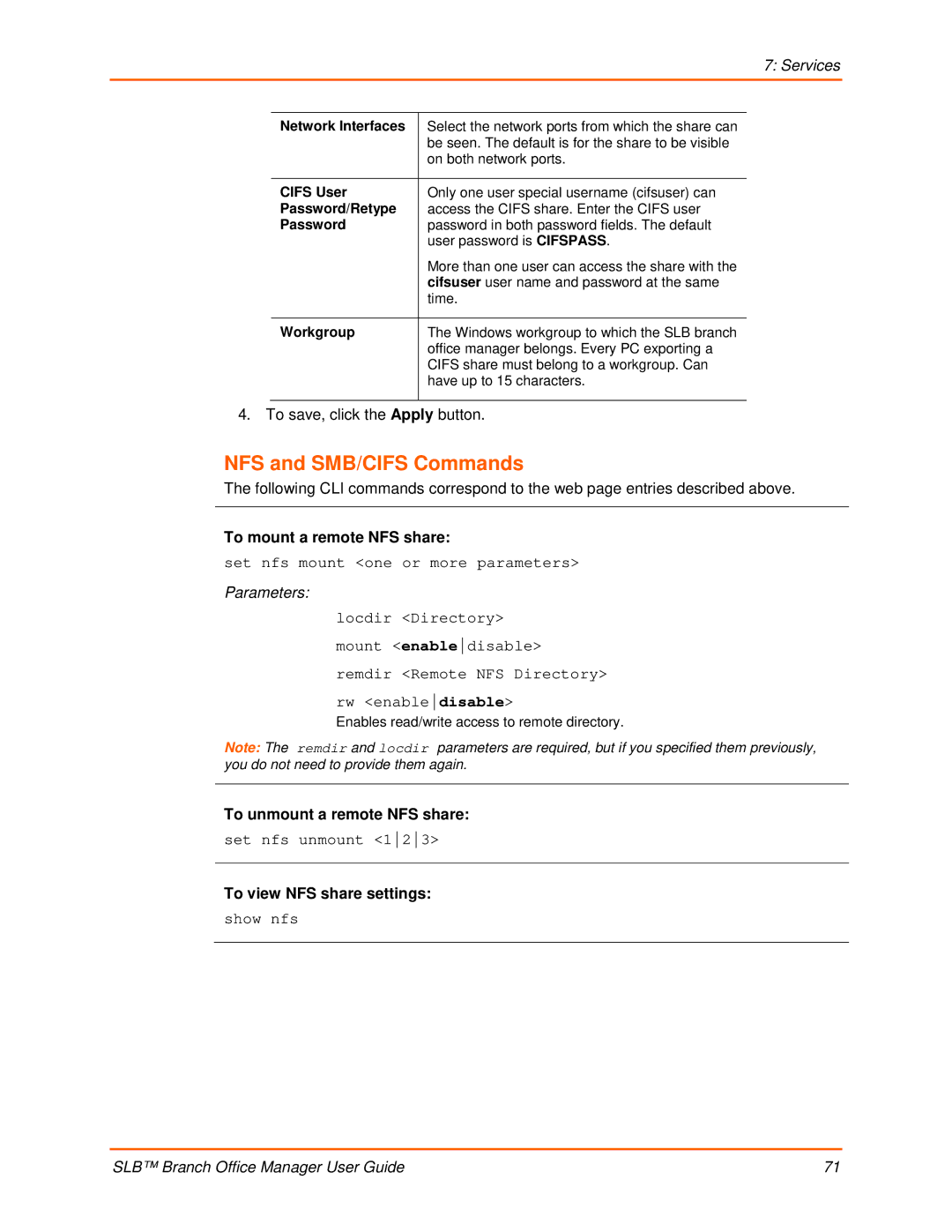 Lantronix 900-510 manual NFS and SMB/CIFS Commands, To mount a remote NFS share, To unmount a remote NFS share 