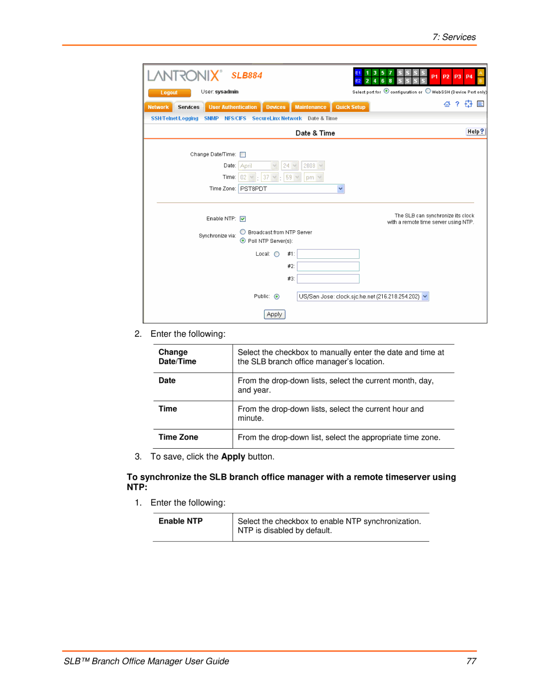 Lantronix 900-510 manual Change, Enable NTP 