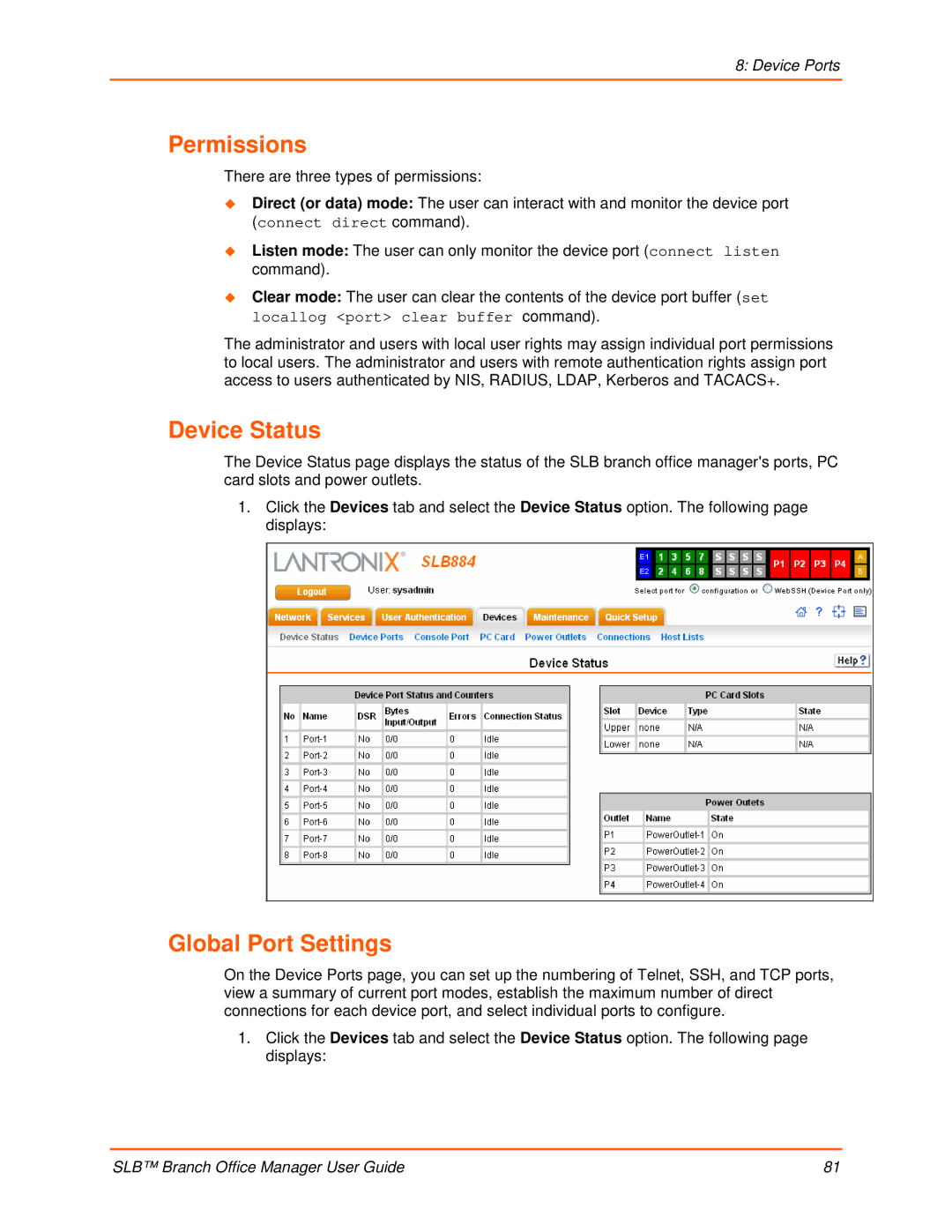 Lantronix 900-510 manual Permissions, Device Status, Global Port Settings 