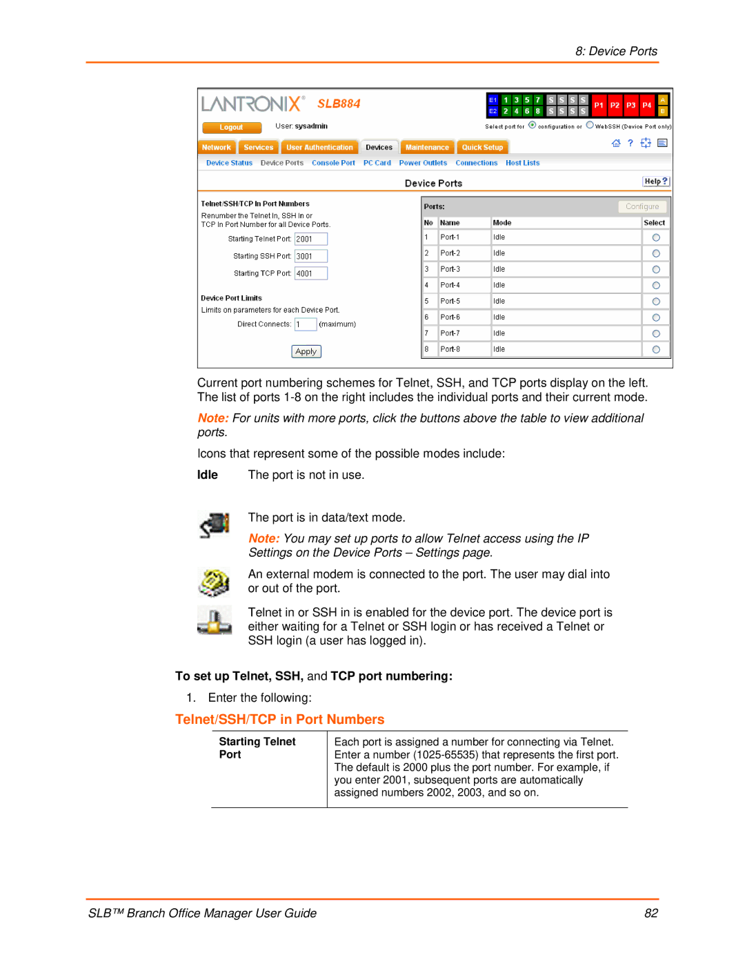 Lantronix 900-510 Telnet/SSH/TCP in Port Numbers, To set up Telnet, SSH, and TCP port numbering, Starting Telnet Port 