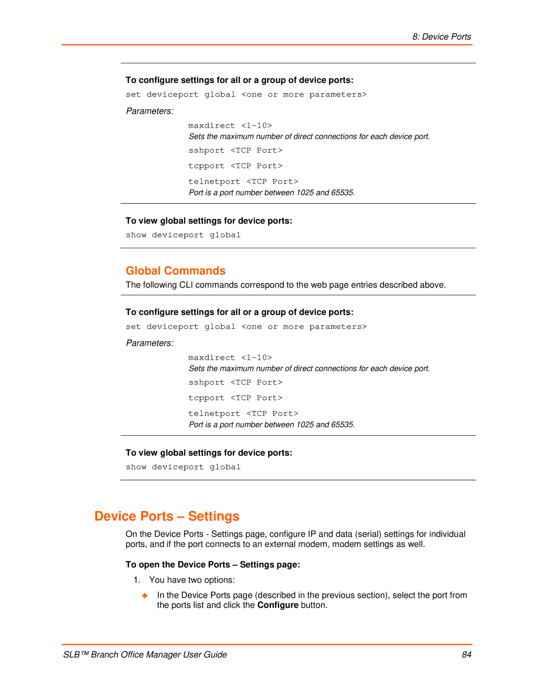 Lantronix 900-510 manual Device Ports Settings, To configure settings for all or a group of device ports 