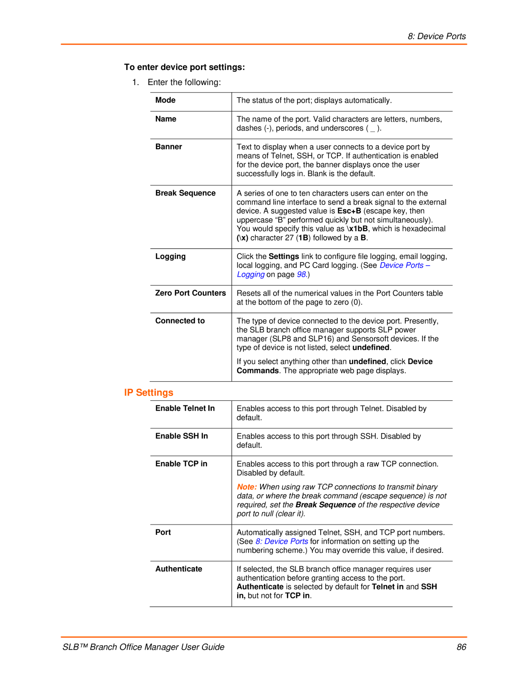 Lantronix 900-510 manual IP Settings, To enter device port settings 