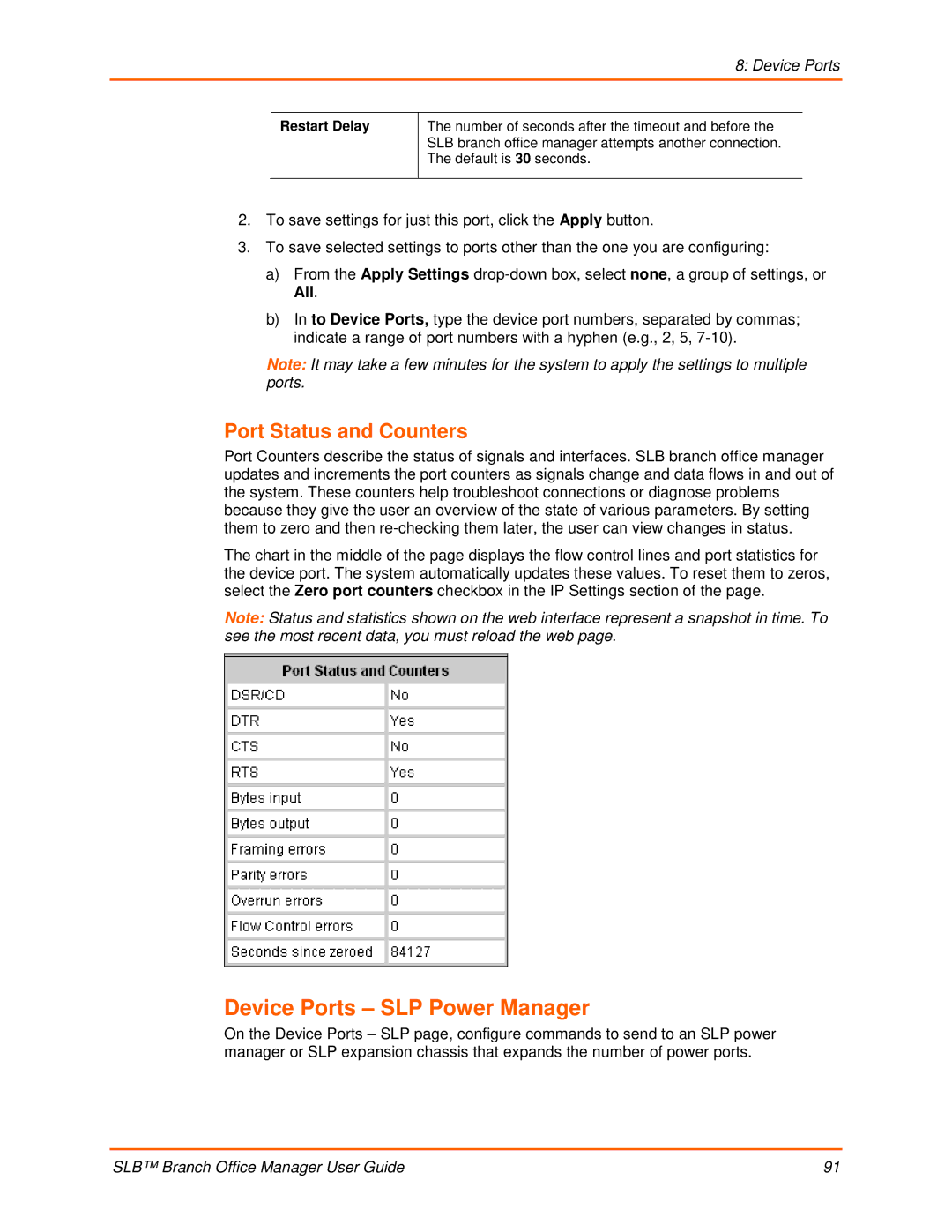 Lantronix 900-510 manual Port Status and Counters, Restart Delay 