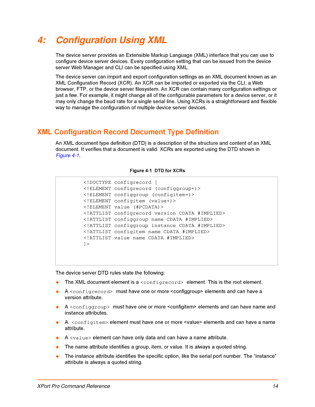 Lantronix 900-558 manual Configuration Using XML, XML Configuration Record Document Type Definition 