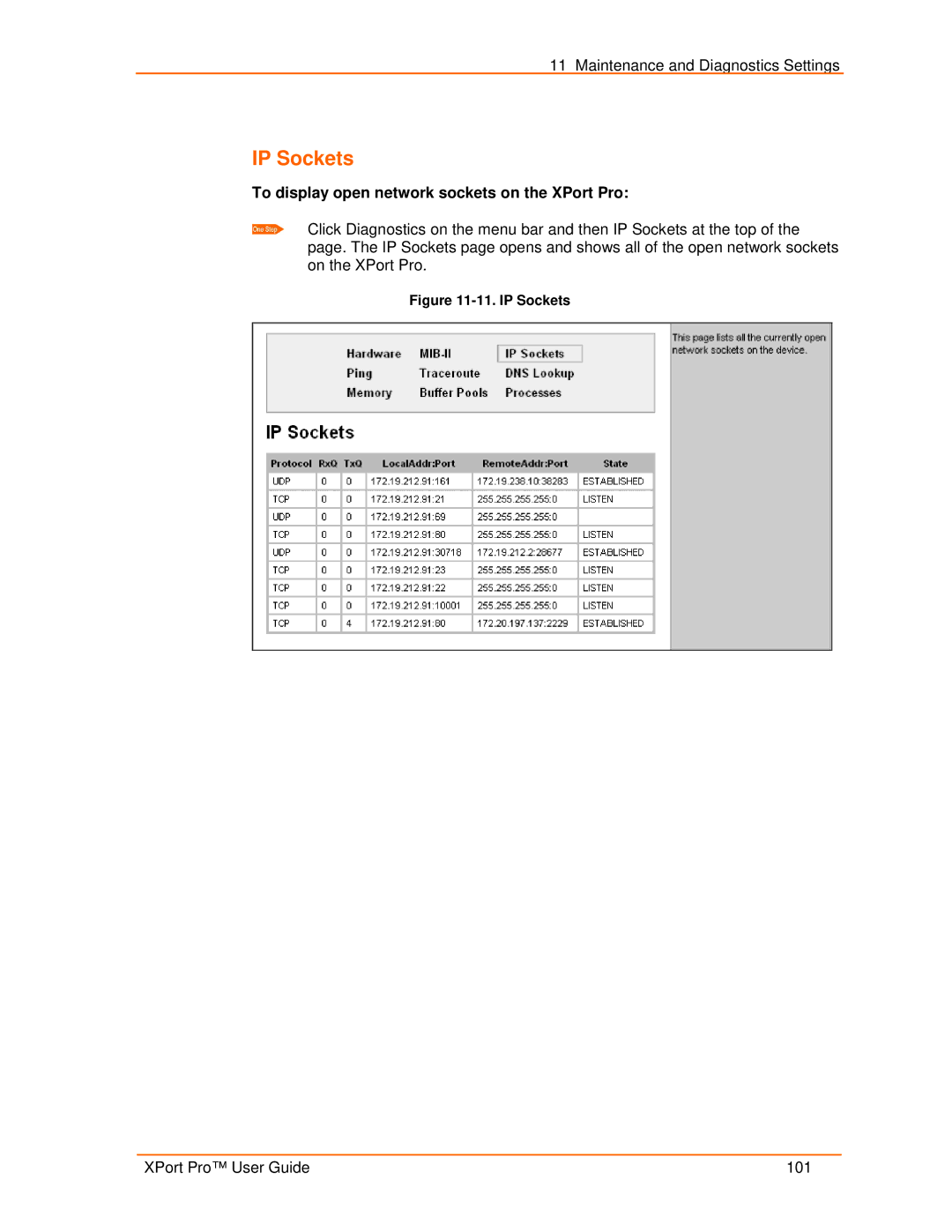 Lantronix 900-560 manual IP Sockets, To display open network sockets on the XPort Pro 