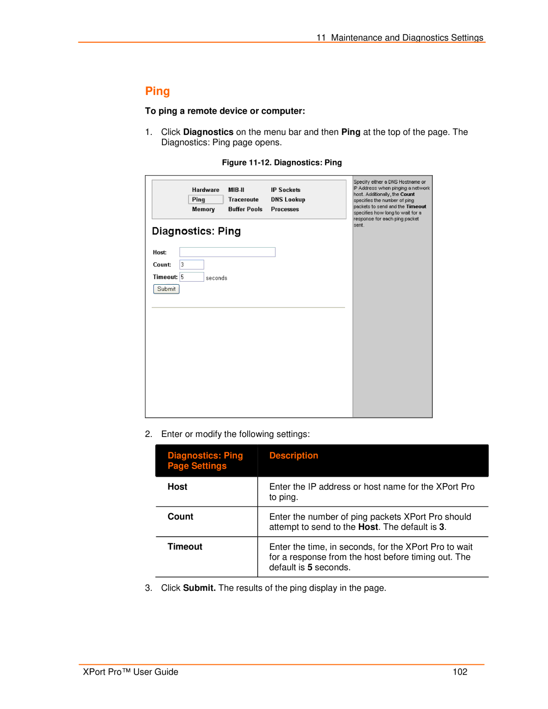 Lantronix 900-560 manual To ping a remote device or computer, Diagnostics Ping Description Settings, Count 