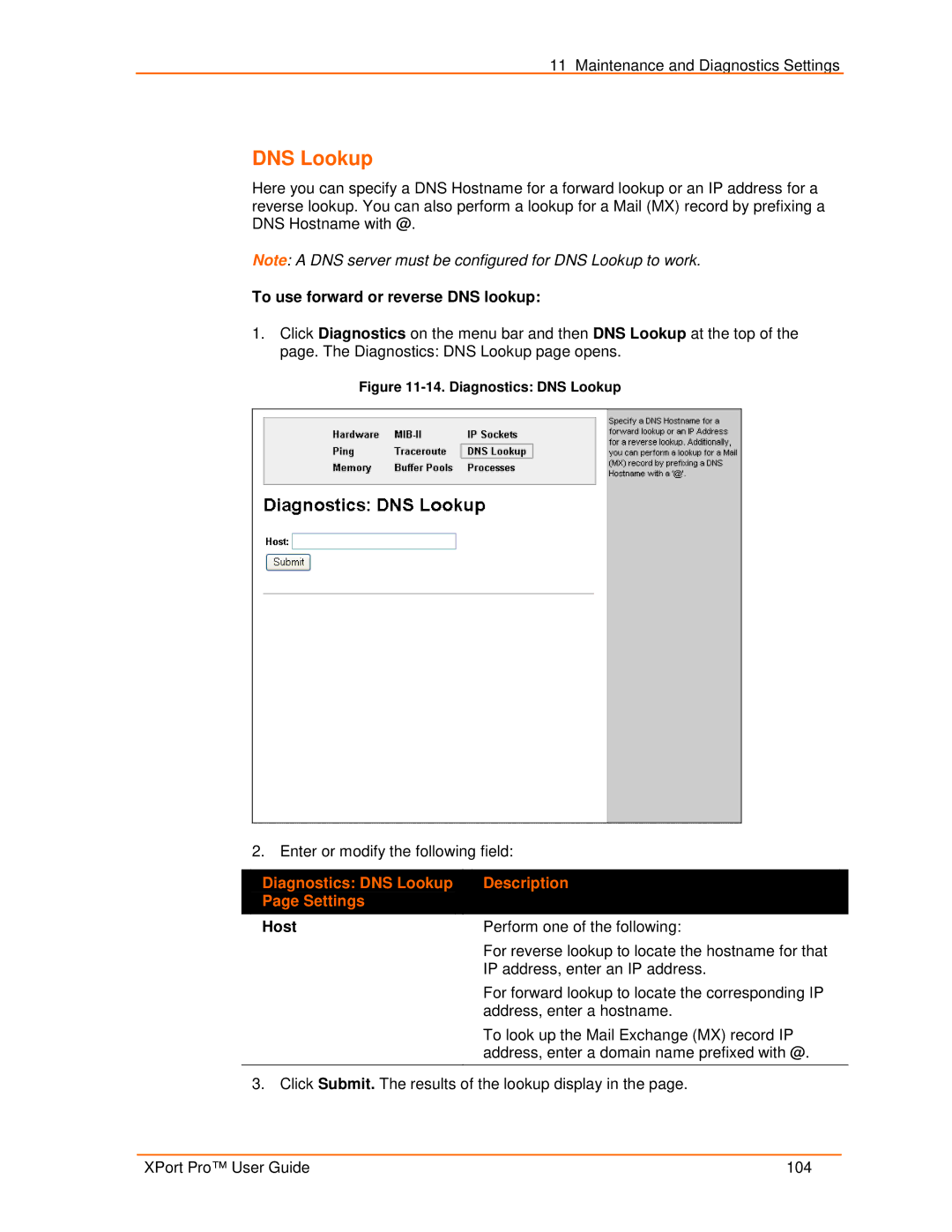 Lantronix 900-560 manual To use forward or reverse DNS lookup, Diagnostics DNS Lookup Description Settings 