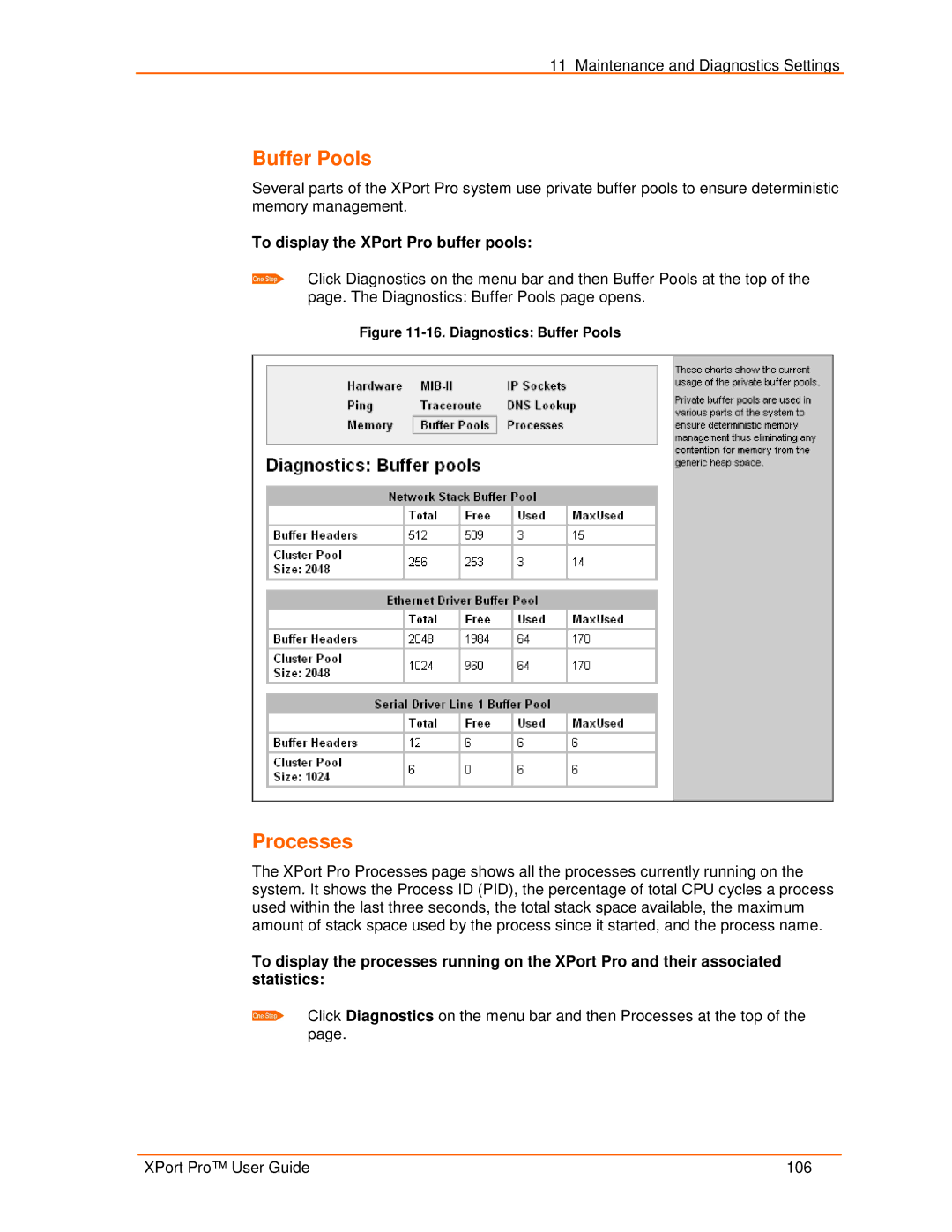 Lantronix 900-560 manual Buffer Pools, Processes, To display the XPort Pro buffer pools 