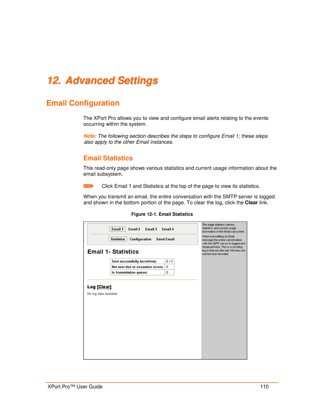 Lantronix 900-560 manual Advanced Settings, Email Configuration, Email Statistics 