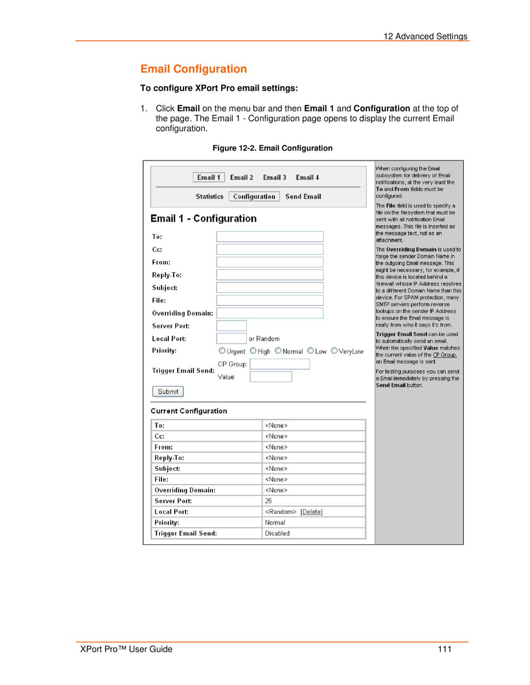 Lantronix 900-560 manual Email Configuration, To configure XPort Pro email settings 