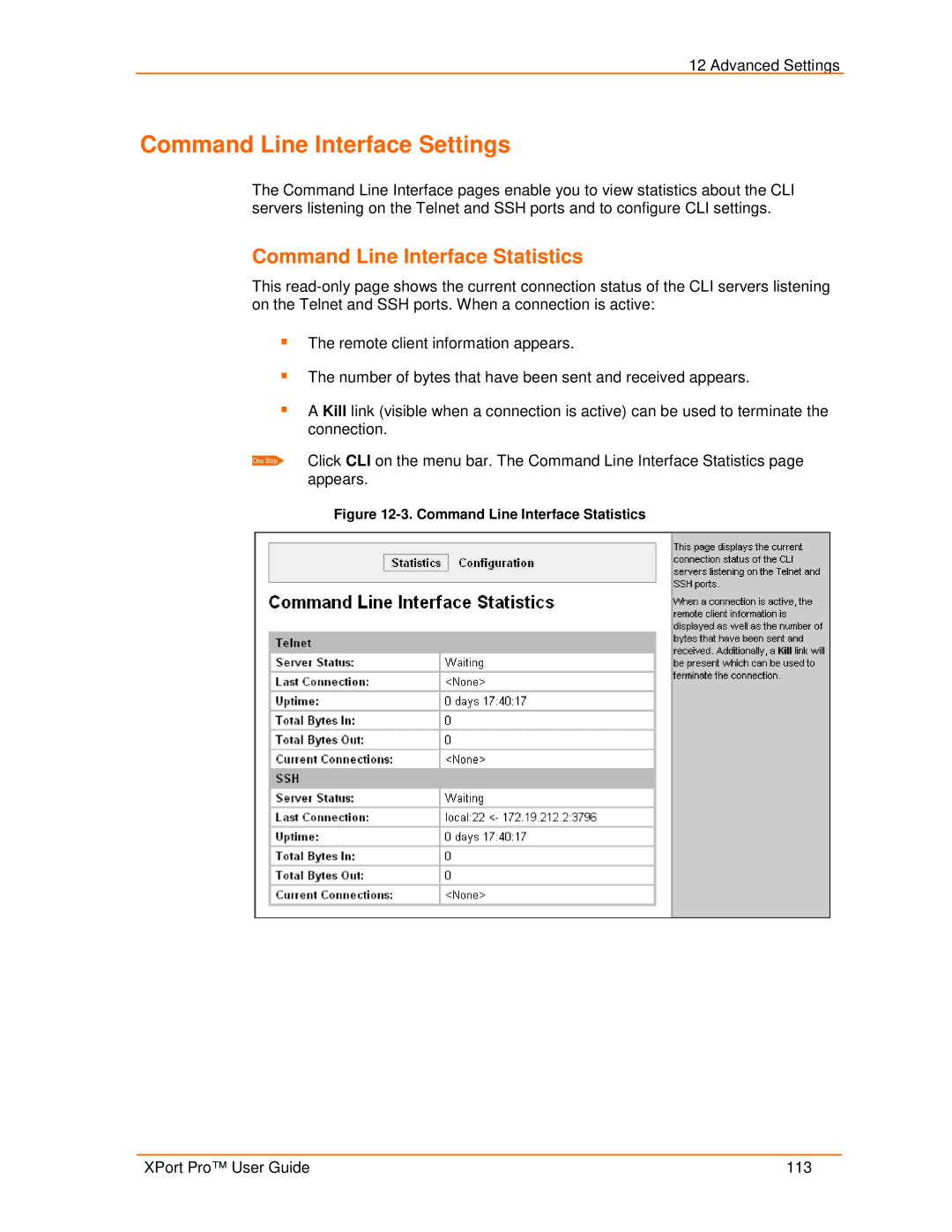 Lantronix 900-560 manual Command Line Interface Settings, Command Line Interface Statistics 