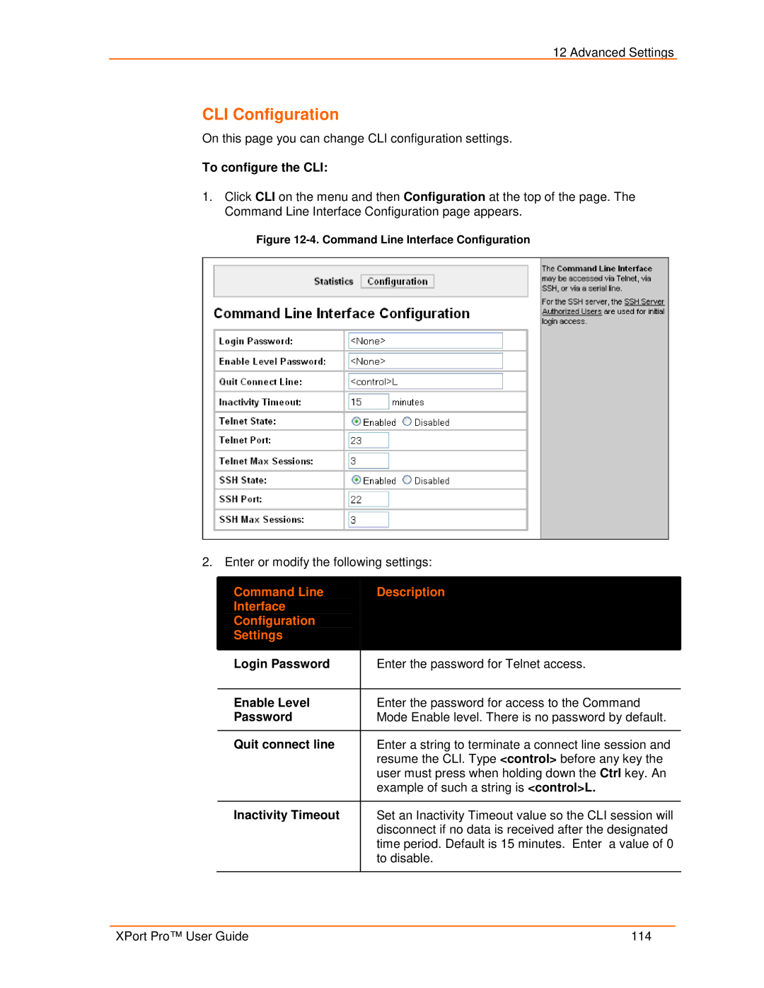 Lantronix 900-560 manual CLI Configuration, Command Line Description Interface Configuration Settings 