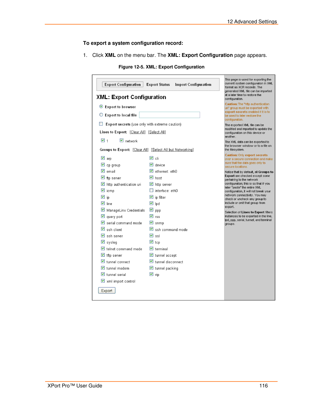 Lantronix 900-560 manual To export a system configuration record, XML Export Configuration 