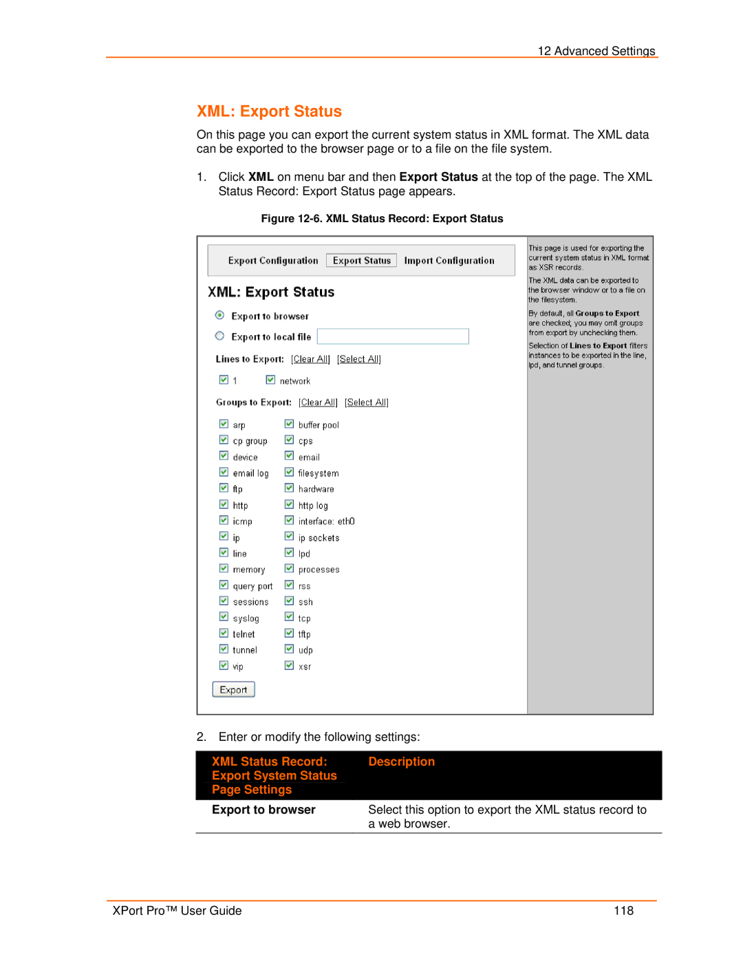 Lantronix 900-560 manual XML Export Status, XML Status Record Export Status 