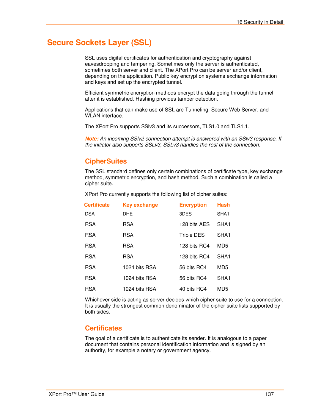 Lantronix 900-560 manual Secure Sockets Layer SSL, CipherSuites, Certificates, Certificate Key exchange Encryption Hash 