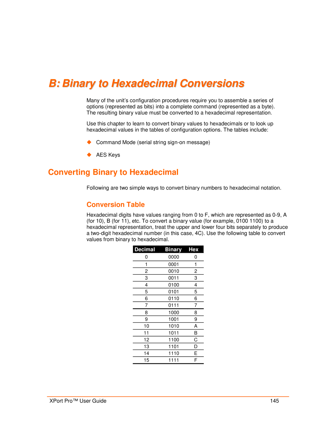 Lantronix 900-560 manual Binary to Hexadecimal Conversions, Converting Binary to Hexadecimal, Conversion Table 