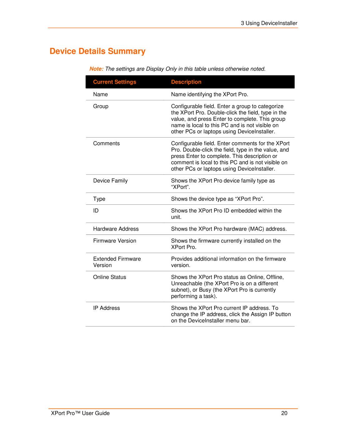 Lantronix 900-560 manual Device Details Summary, Current Settings Description 