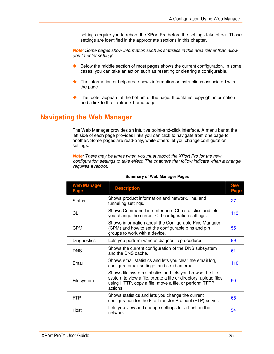 Lantronix 900-560 manual Navigating the Web Manager, Web Manager Description See 