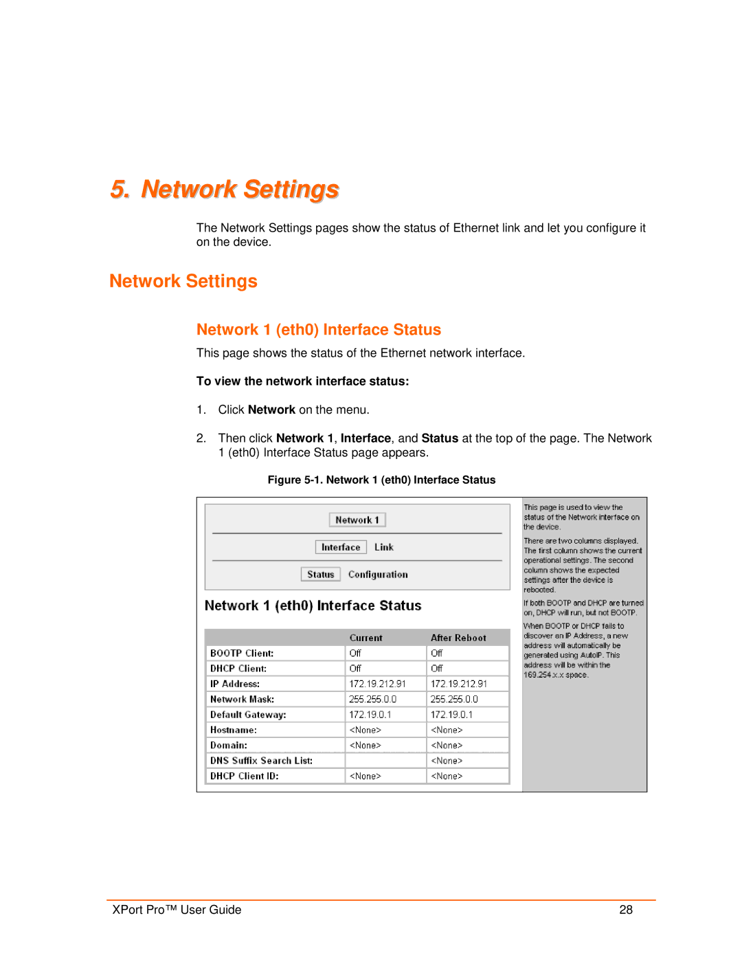 Lantronix 900-560 manual Network Settings, Network 1 eth0 Interface Status, To view the network interface status 