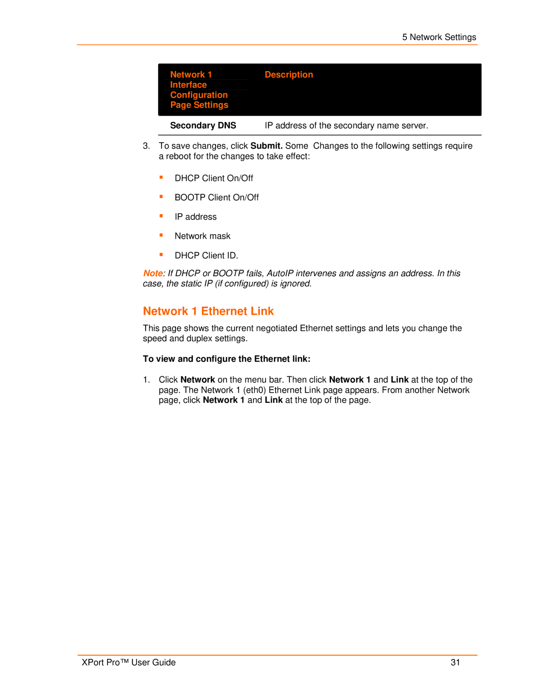 Lantronix 900-560 manual Network 1 Ethernet Link, Network 1Description Interface Configuration Settings 