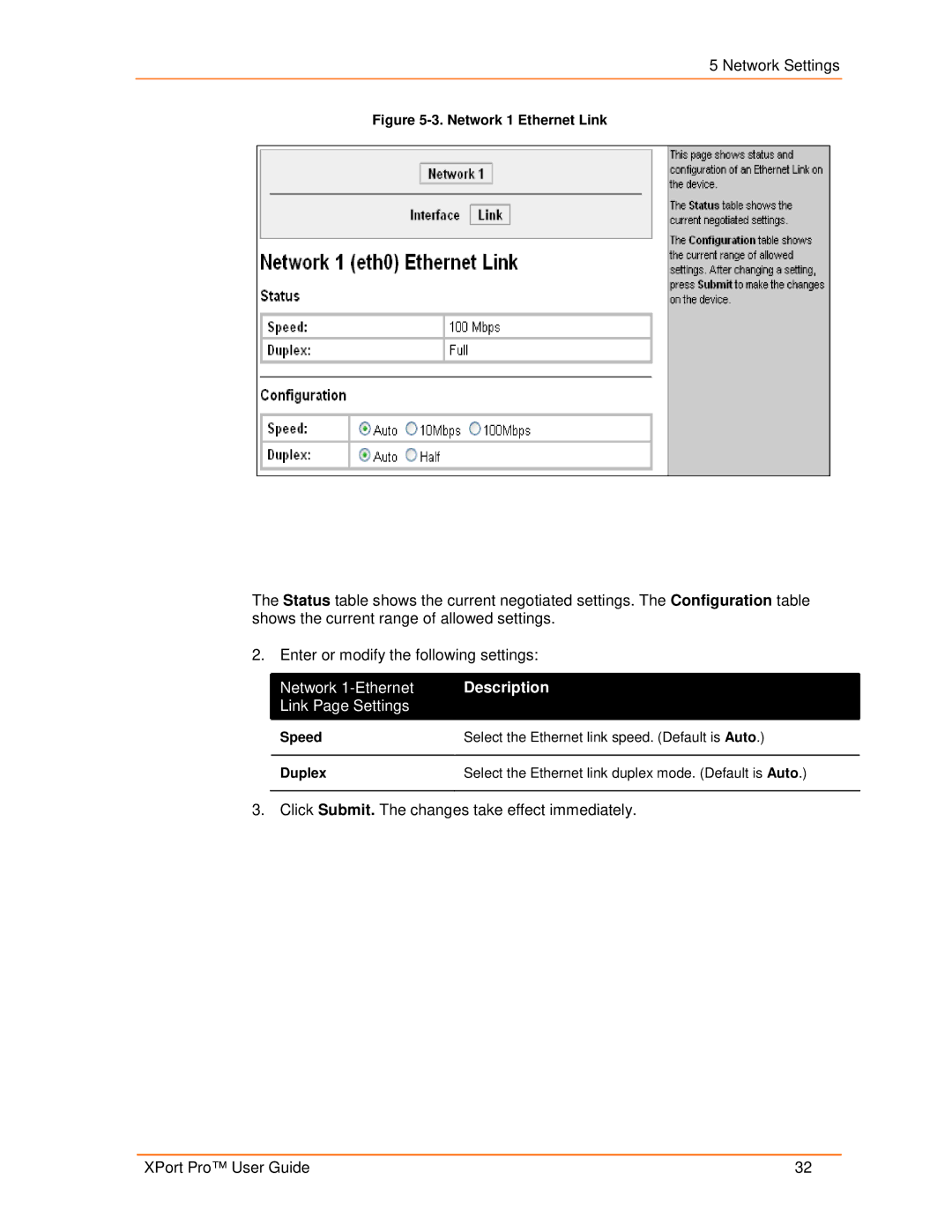 Lantronix 900-560 manual Network 1-Ethernet Description Link Page Settings 