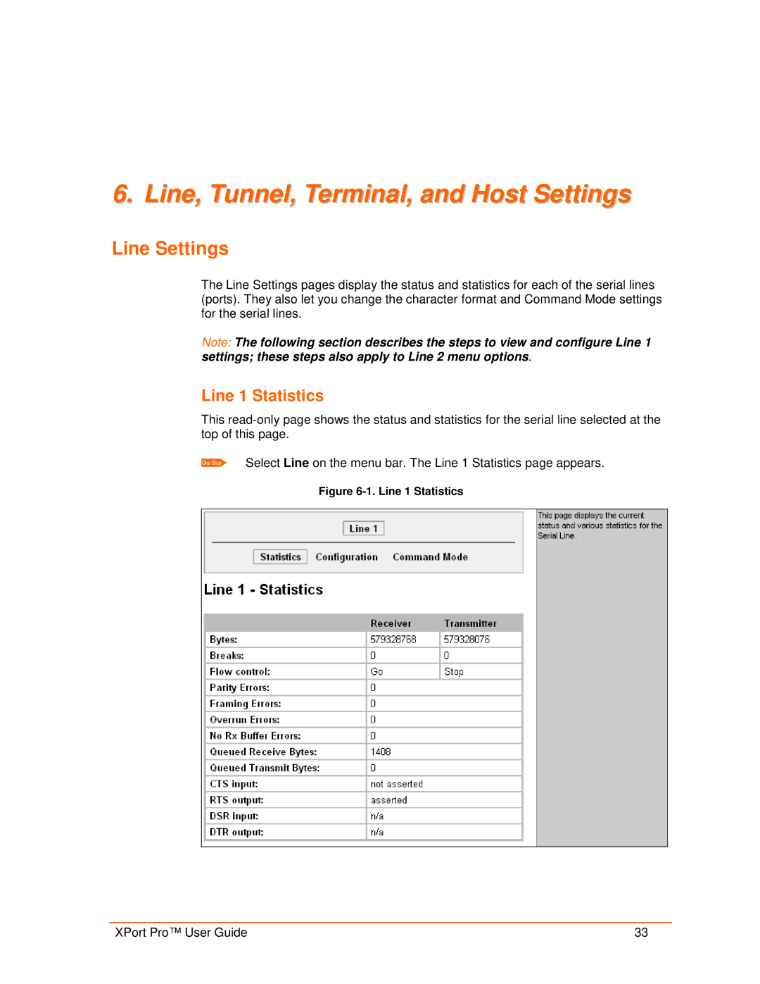 Lantronix 900-560 manual Line, Tunnel, Terminal, and Host Settings, Line Settings, Line 1 Statistics 