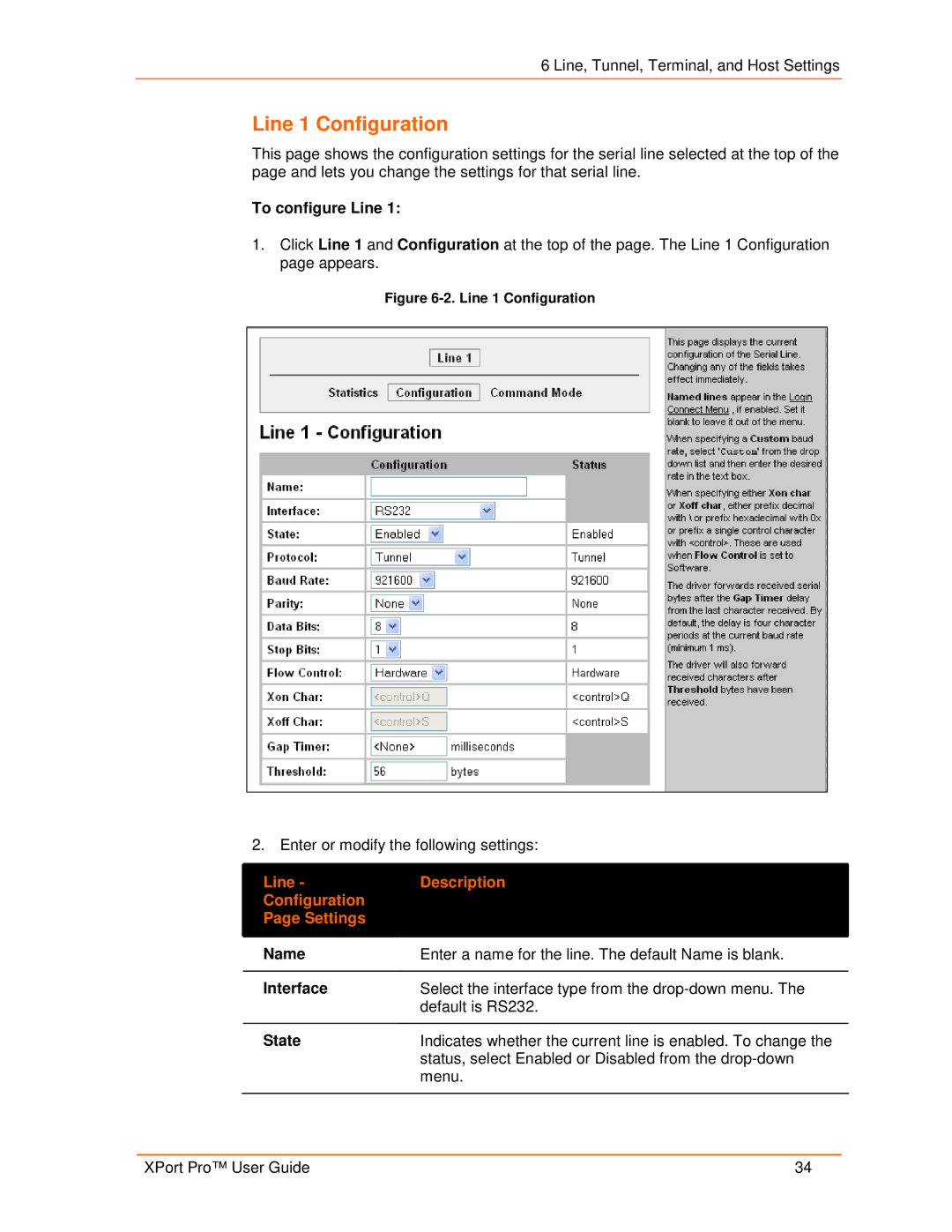 Lantronix 900-560 manual Line 1 Configuration, Line Description Configuration Settings 