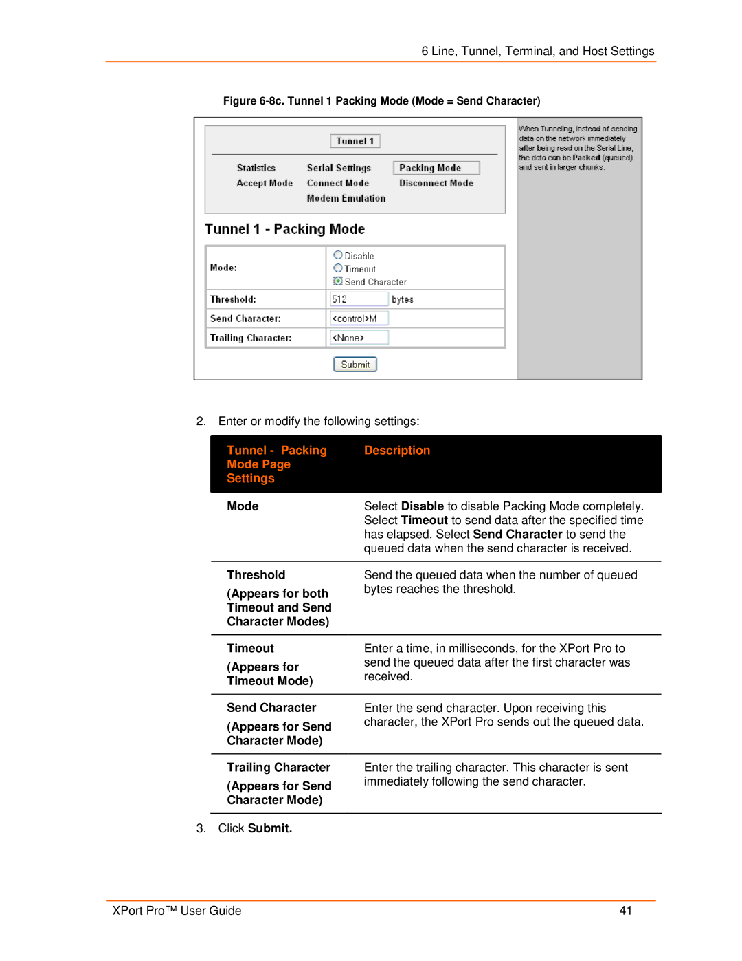 Lantronix 900-560 Tunnel Packing Description Mode Settings, Threshold Appears for both Timeout and Send Character Modes 