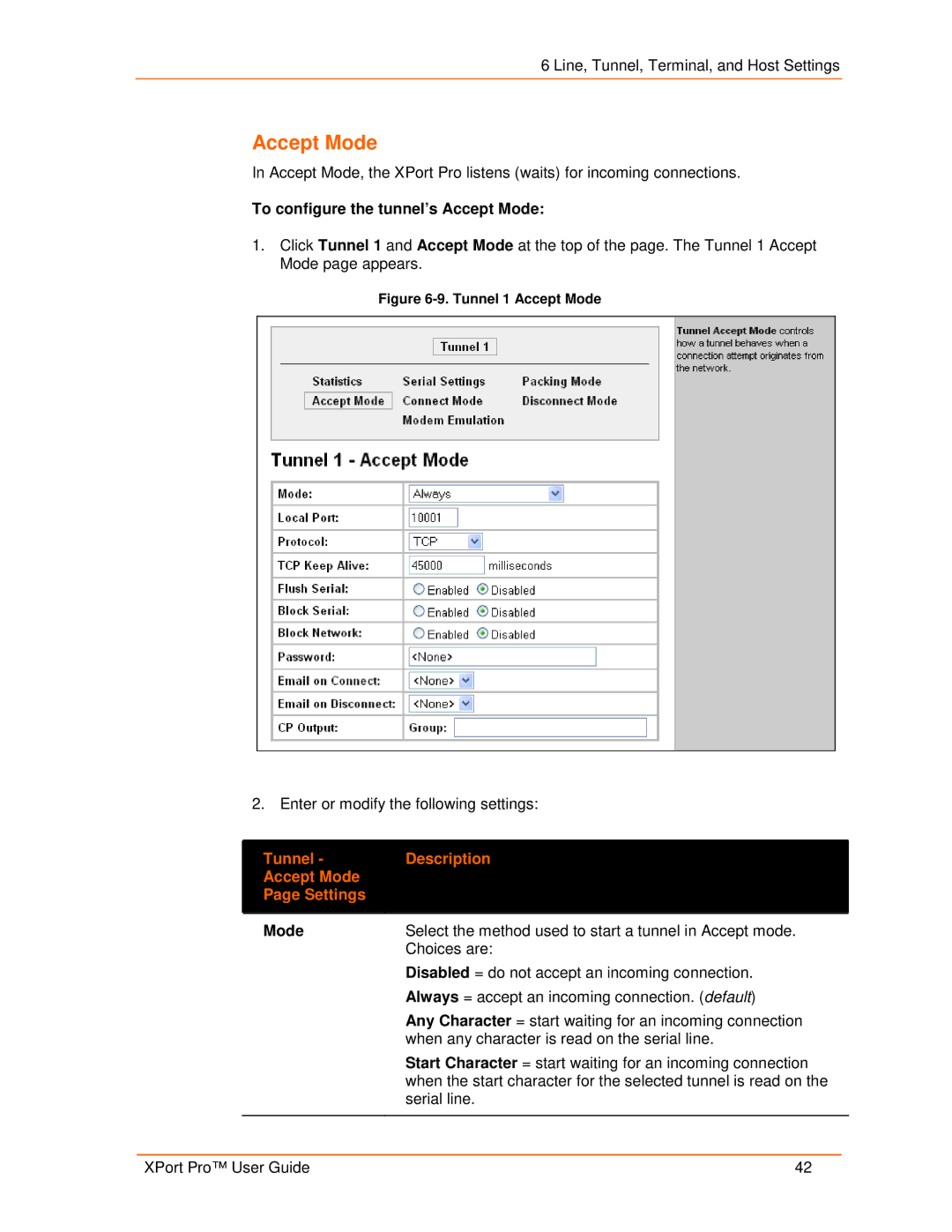 Lantronix 900-560 manual To configure the tunnel’s Accept Mode, Tunnel Description Accept Mode Settings 