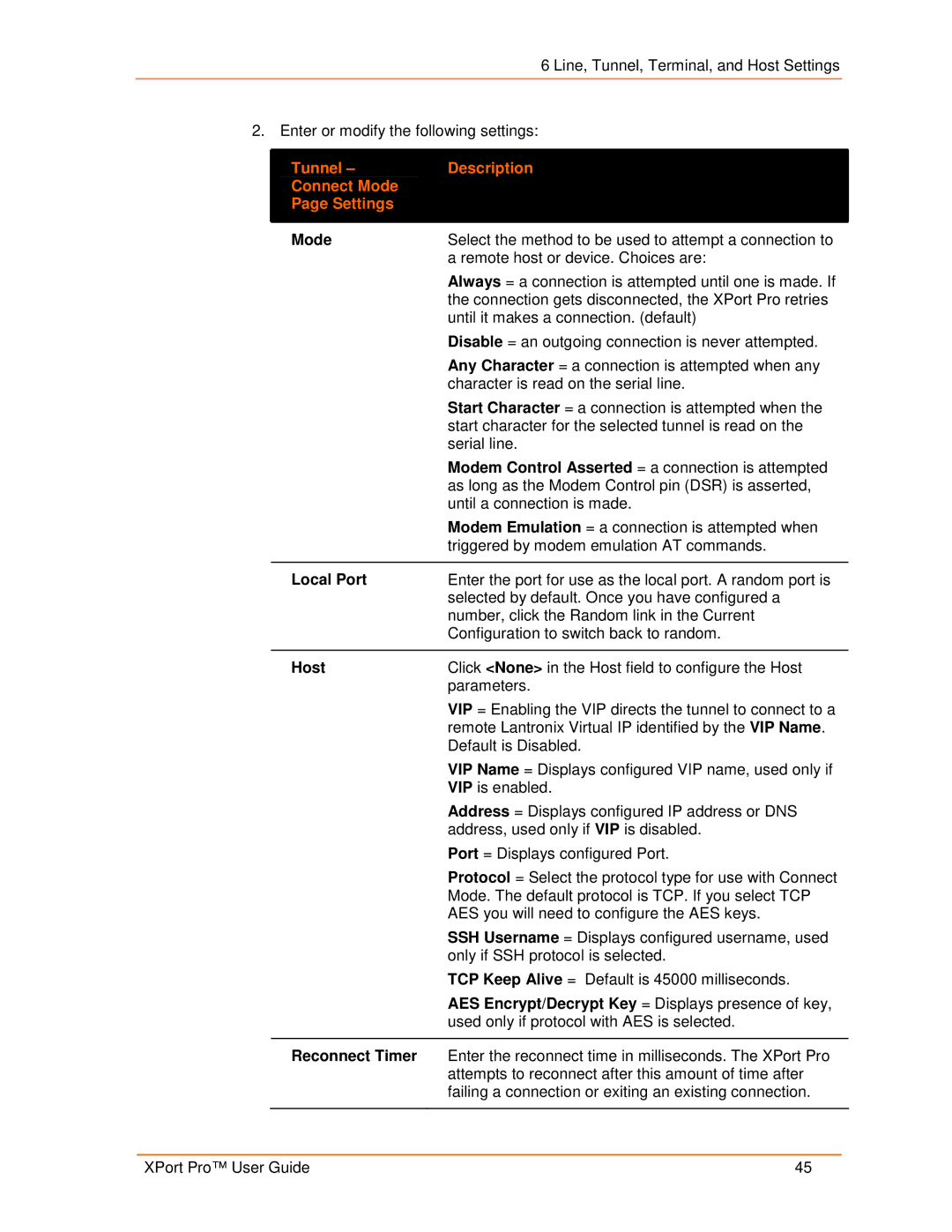 Lantronix 900-560 manual Tunnel Description Connect Mode Settings, Host, Reconnect Timer 